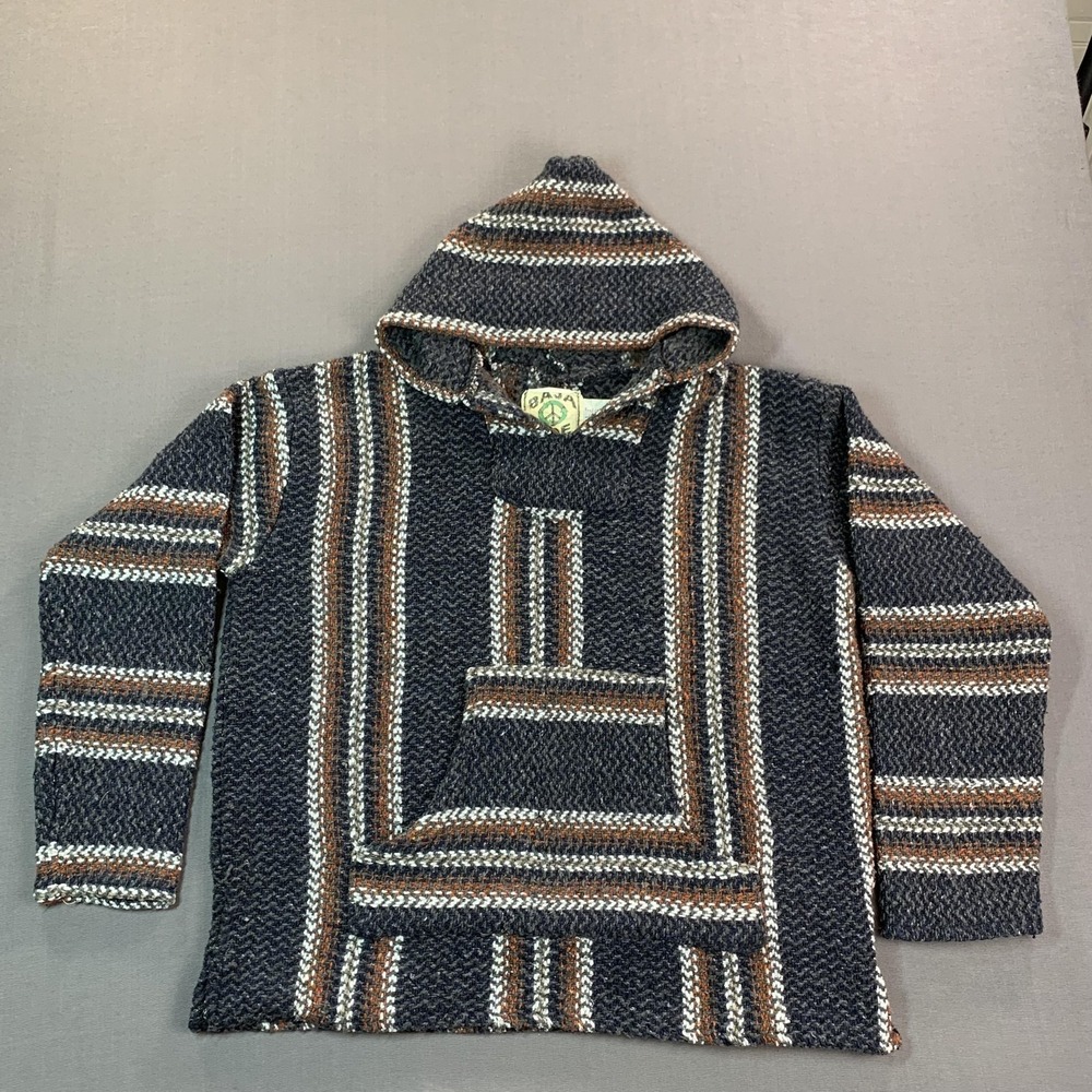 Baja Joe Hoodie Men LG Blue & Gray Striped Woven Pullover Baja Mexican Poncho - Picture 2 of 15